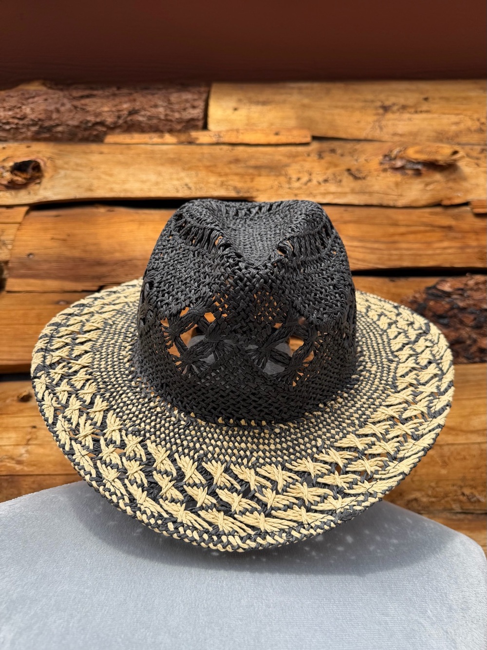 Anthropologie Women's Paper Straw Cowboy Hat Black Beige Weave Wide Brim Sun O/S